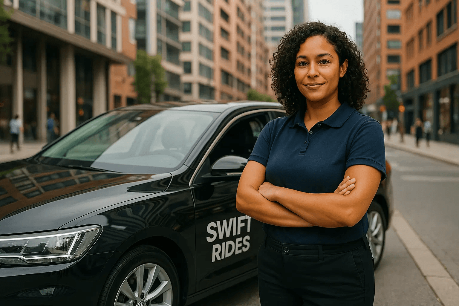 A professional standing beside a private-hire vehicle.