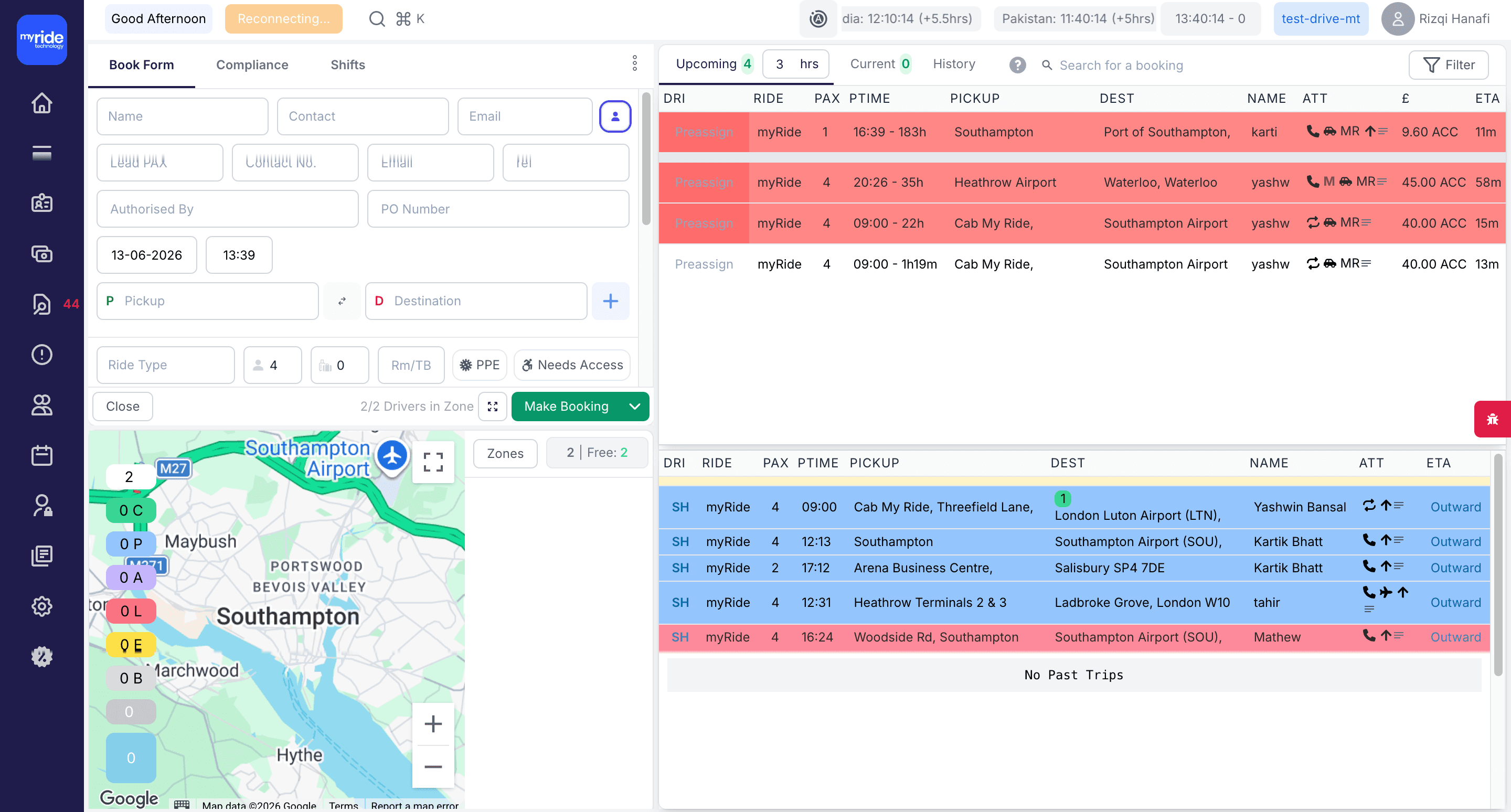 The MyRide dispatch dashboard with a live map and upcoming rides.
