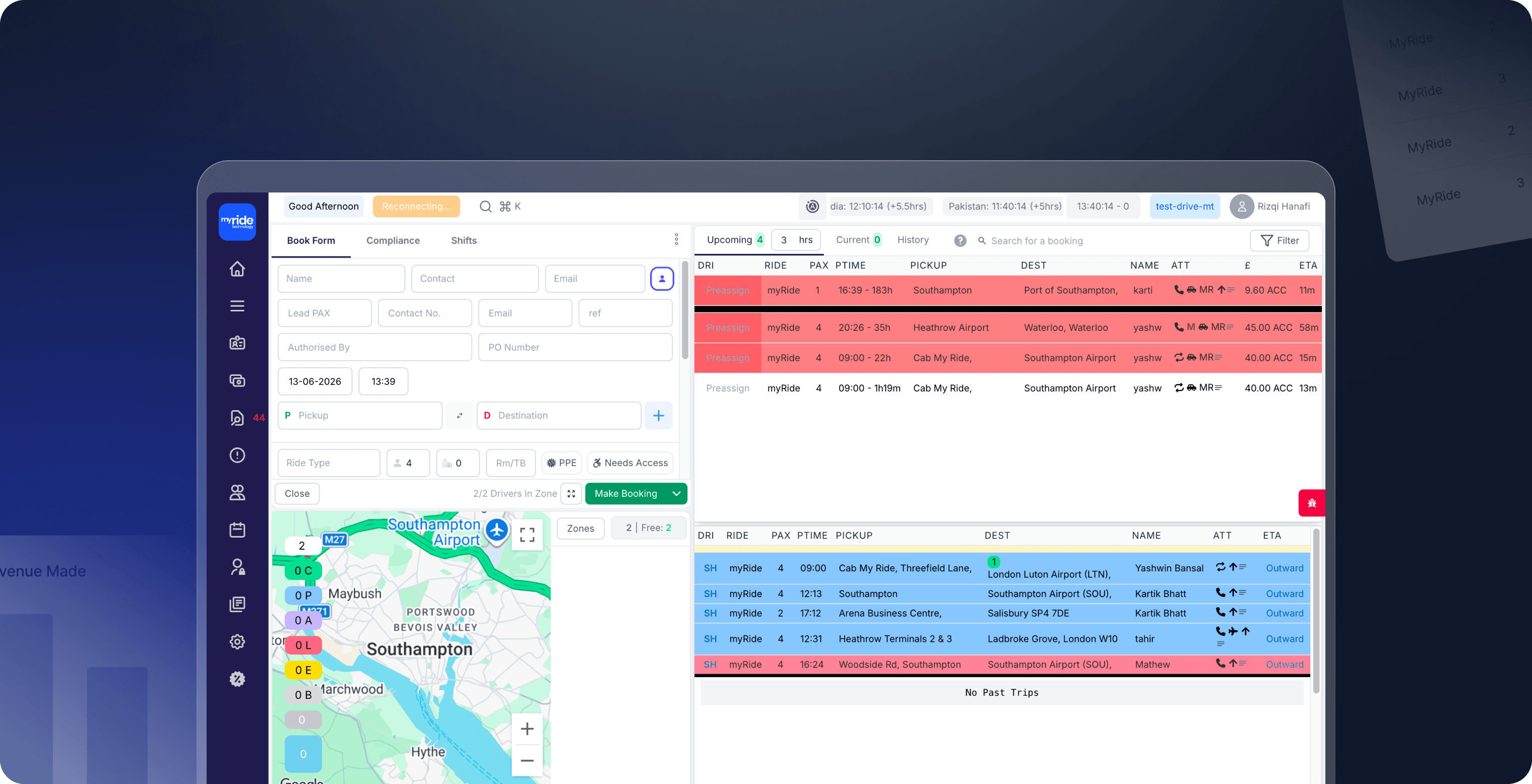 The MyRide dispatch dashboard with a live map and upcoming rides.