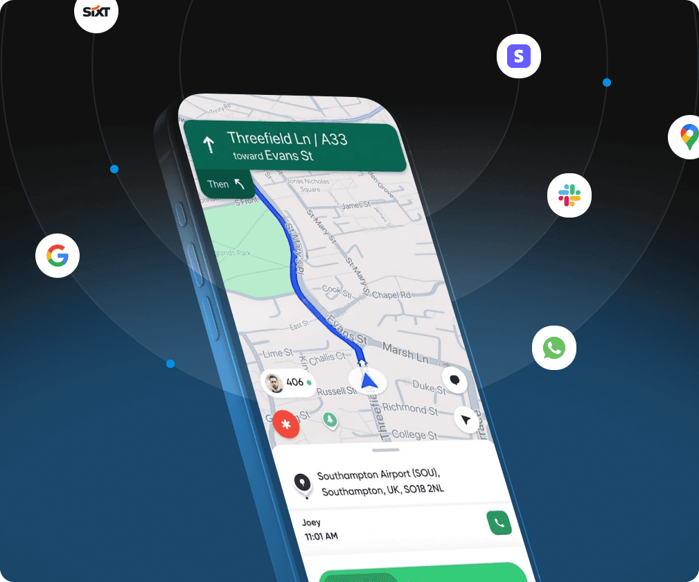 MyRide Driver App navigation on a phone with connected integrations