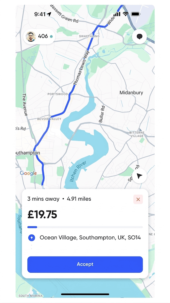 MyRide job offer and navigation screen