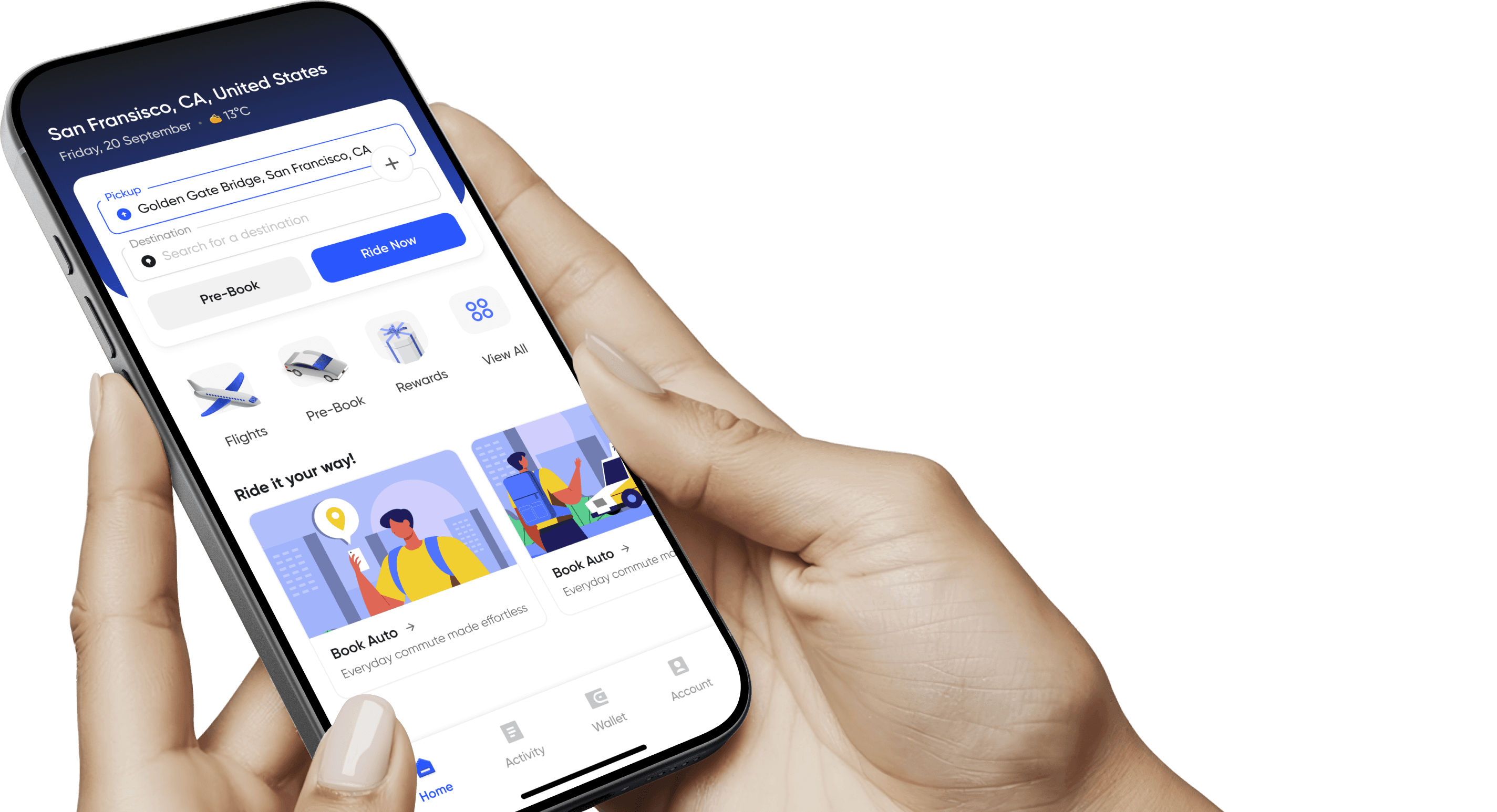 Hand holding a phone with the MyRide customer app.