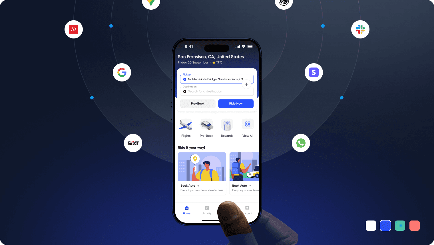 Customer App on a phone with orbiting integrations.