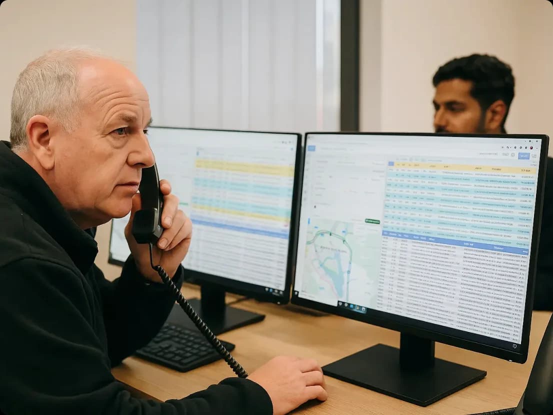 Call centre operator taking a booking by phone in front of dual dispatch monitors