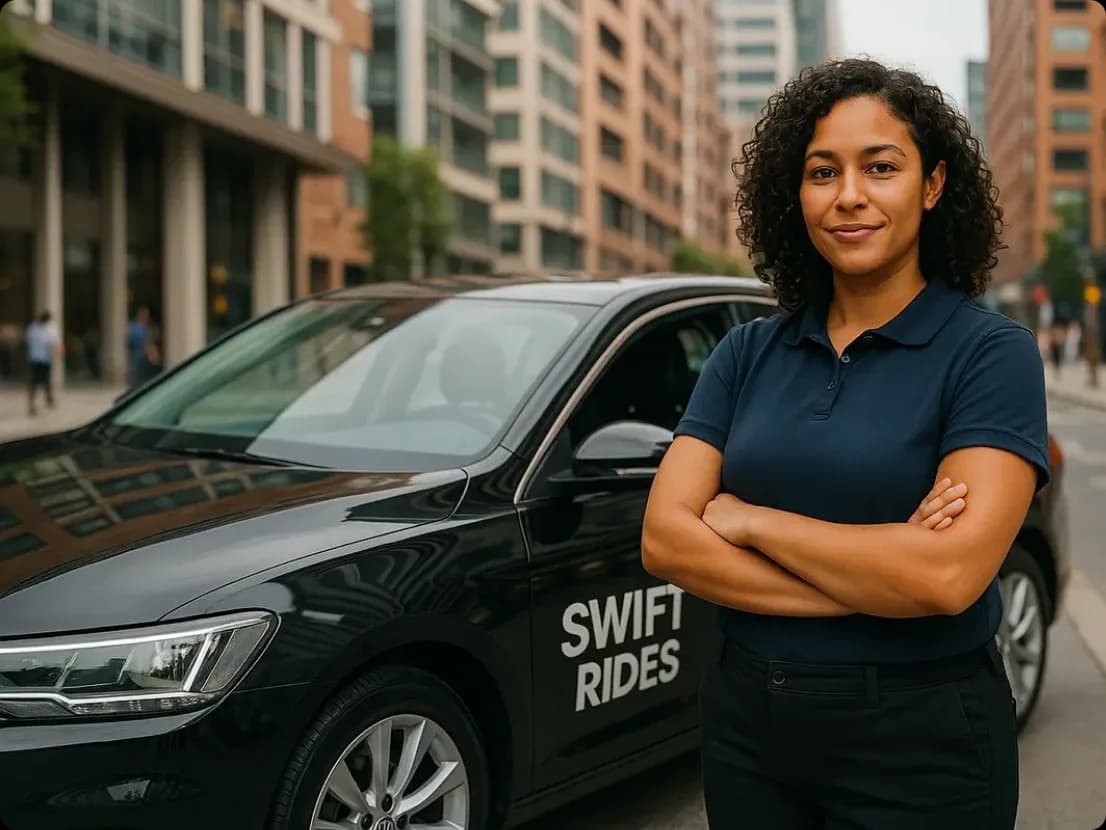 Driver in a navy polo standing with arms crossed beside a black Swift Rides branded car