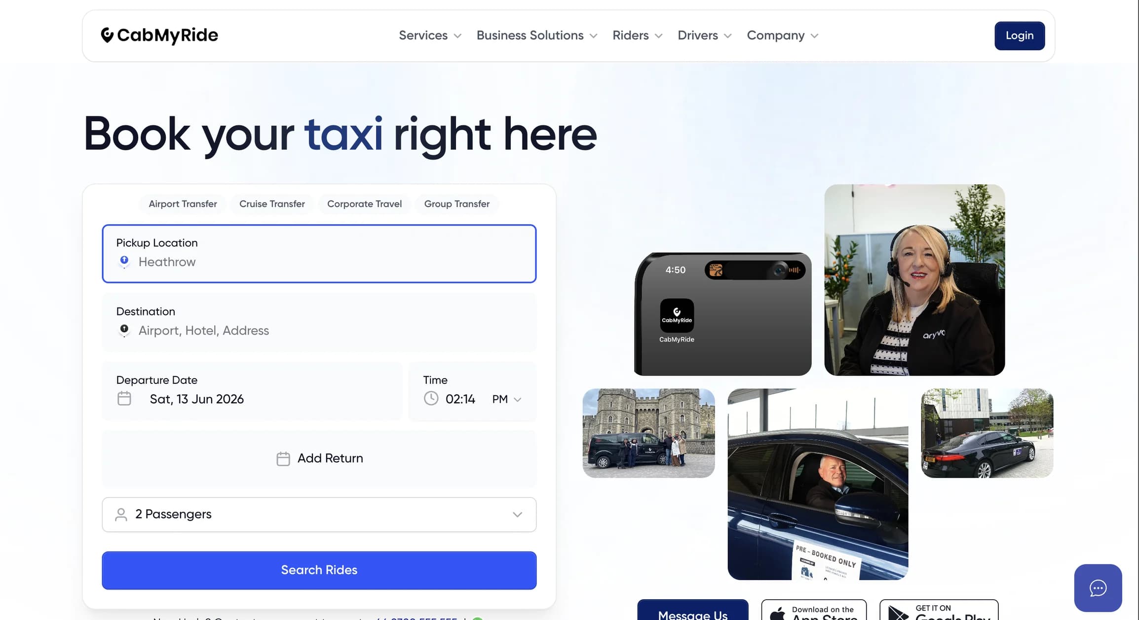 The MyRide booking portal: a branded CabMyRide site where a rider picks up from Heathrow and searches for available cars.