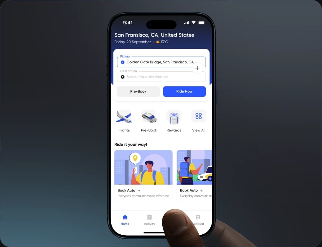 The MyRide customer app: a rider sets a pickup at the Golden Gate Bridge and chooses between pre-booking and riding now.