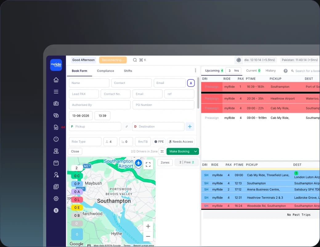 The MyRide dispatch dashboard: a booking form beside a live Southampton map and a colour-coded list of upcoming rides.