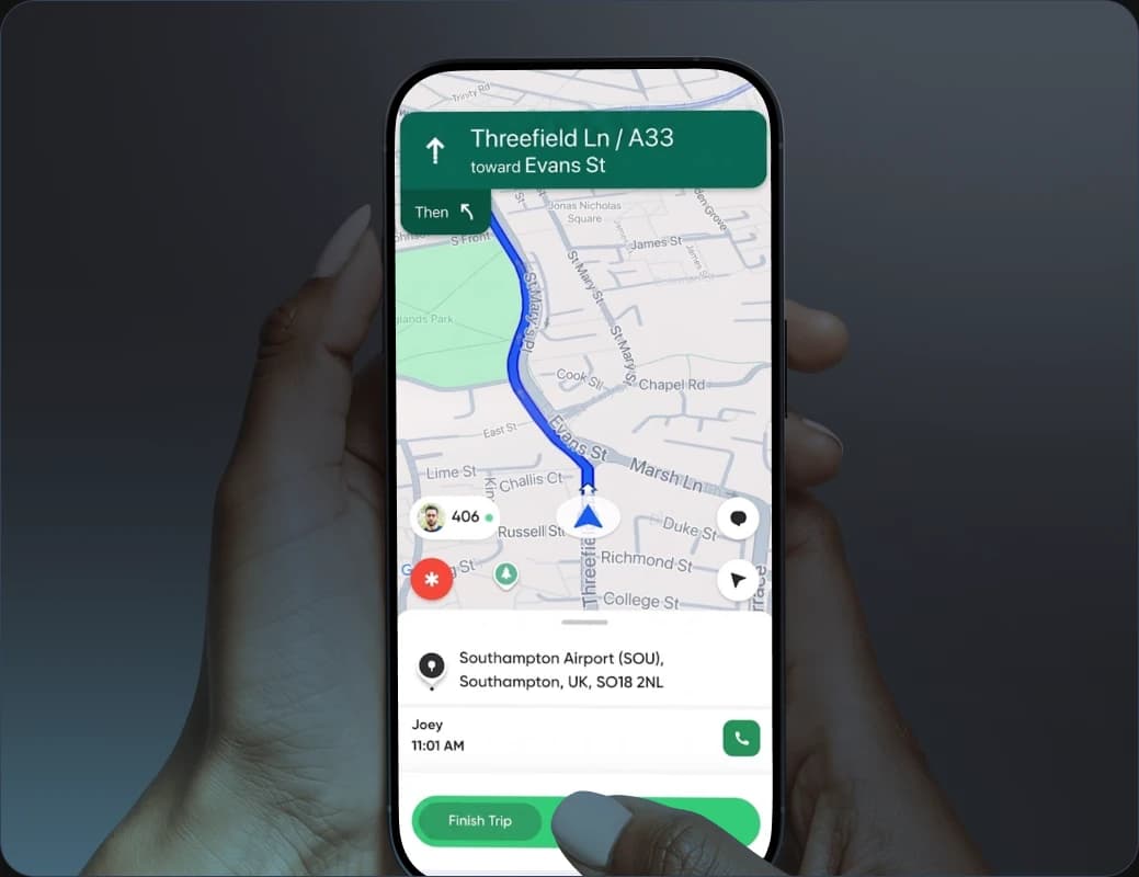 The MyRide driver app: turn-by-turn navigation toward Southampton Airport with a finish-trip control.