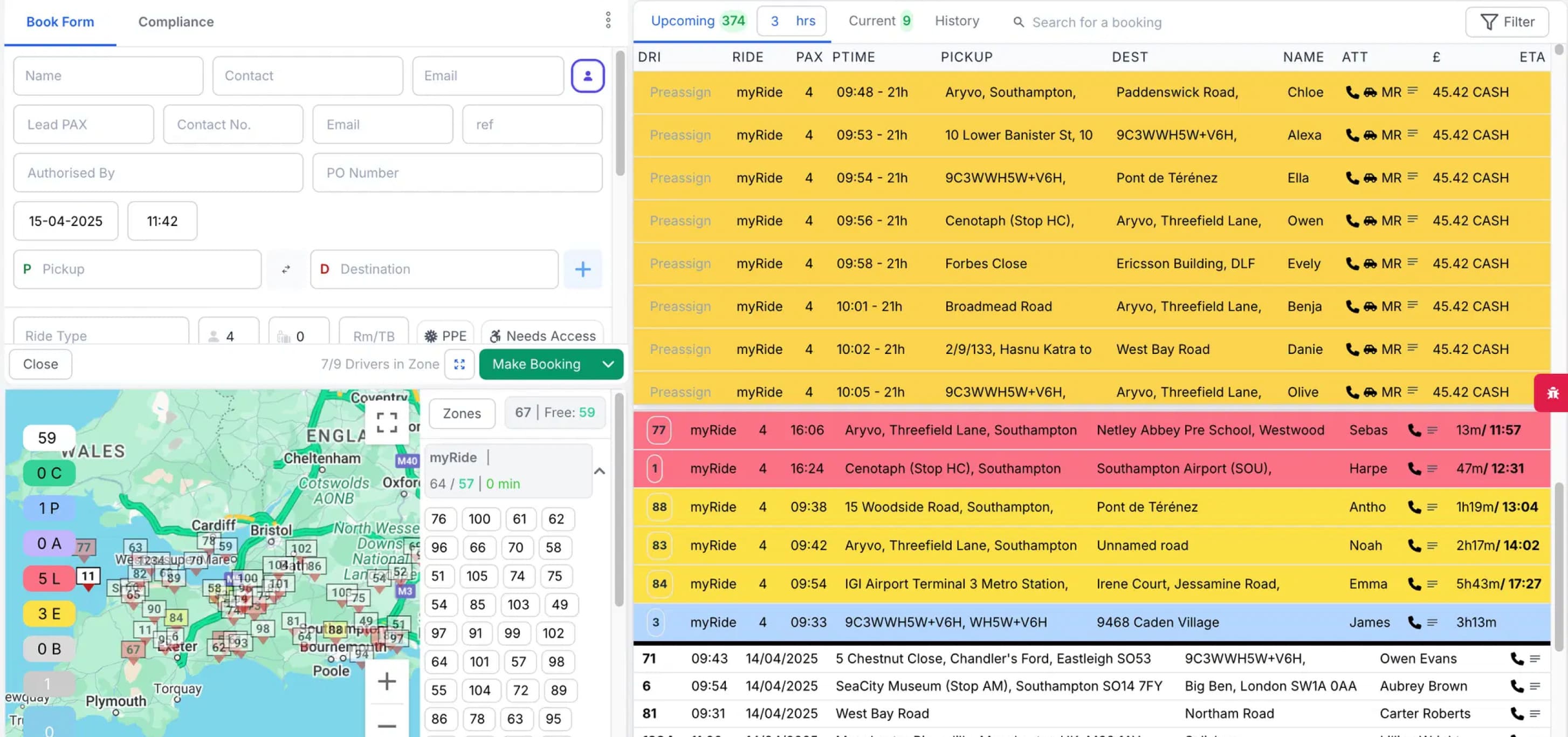 The MyRide dispatch dashboard: a booking form and live zone map beside a colour-coded queue of upcoming rides.