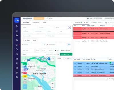 The MyRide dispatch dashboard with a live map and upcoming rides.