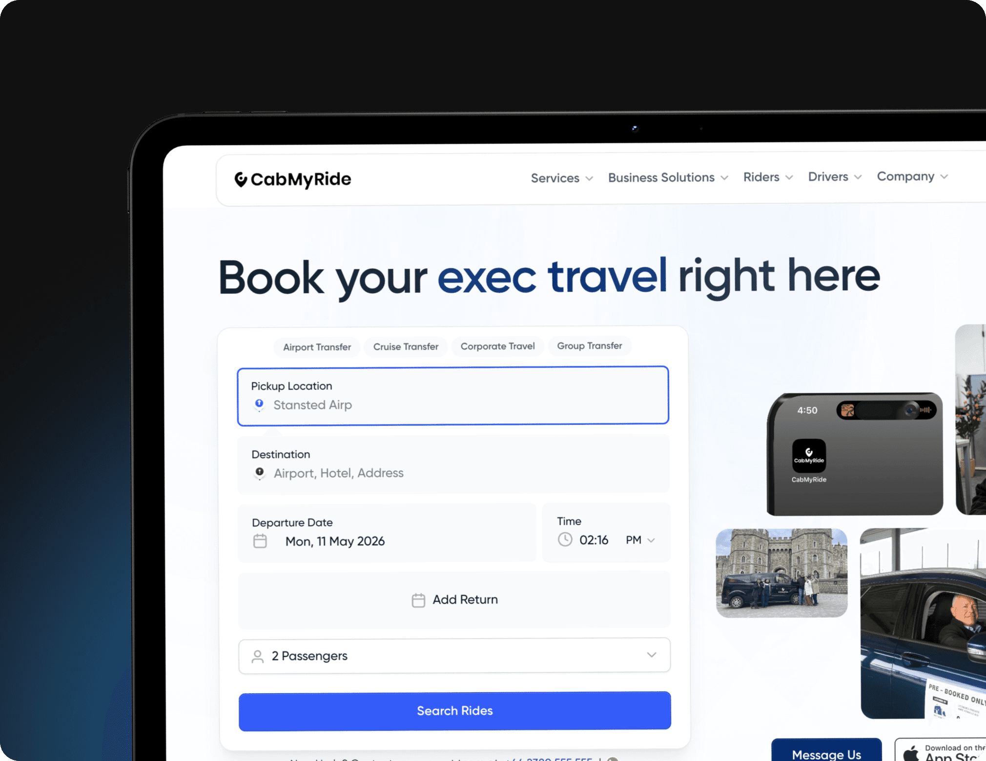MyRide white-label booking portal shown on desktop and mobile